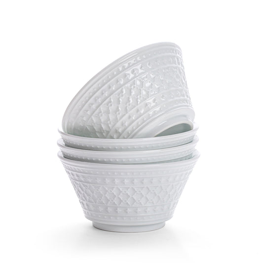 Embossed White Porcelain Cereal Bowls - Set of 4