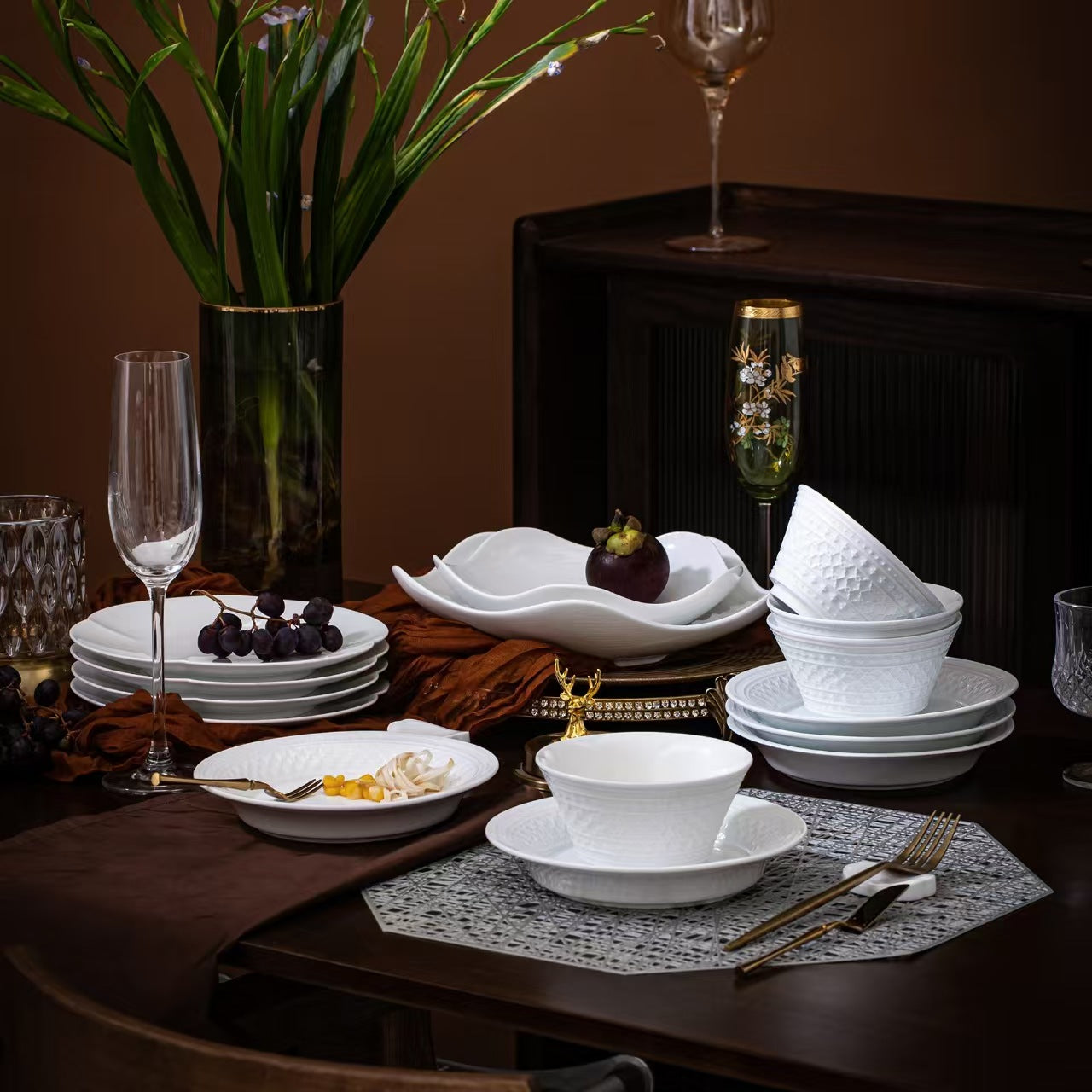 Embossed White Porcelain Cereal Bowls - Set of 4