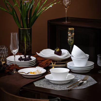 Embossed White Porcelain Cereal Bowls - Set of 4